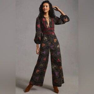 Anthropologie x Farm Rio Deep-V Hearts Print Wide-Leg Jumpsuit